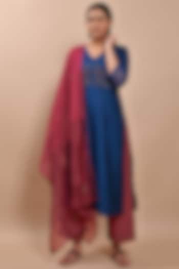 Navy Blue Handloom A-Line Kurta Set by YATI at Pernia's Pop Up Shop