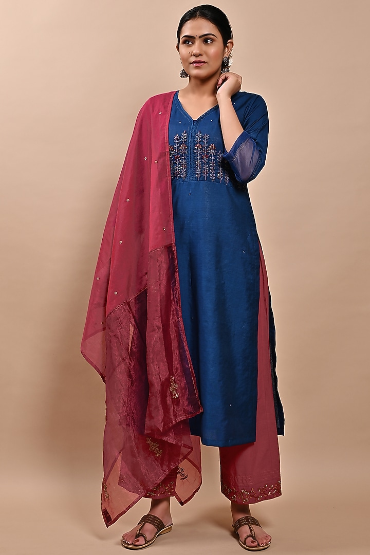 Navy Blue Handloom A-Line Kurta Set by YATI at Pernia's Pop Up Shop