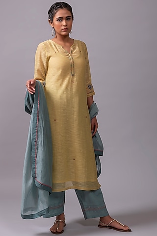 Lemon Green Khadi Chanderi Embroidered Kurta Set by YATI