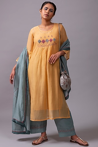 Dandelion Yellow Embroidered Kurta Set by YATI