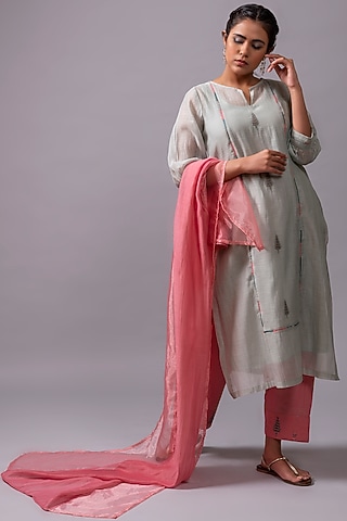 Sea Blue Embroidered A-Line Kurta Set by YATI