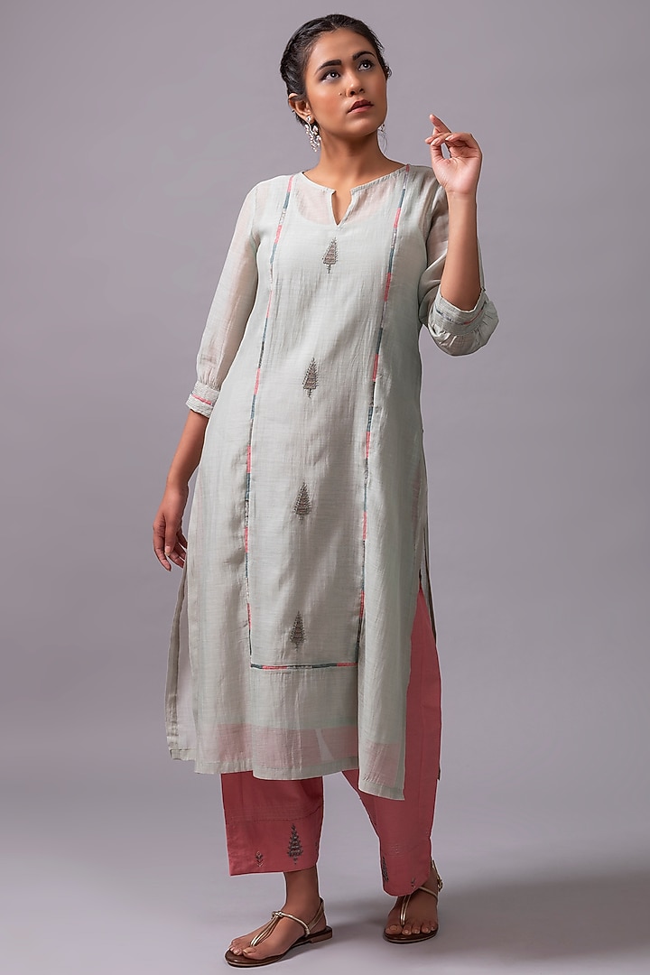 Sea Blue Embroidered A-Line Kurta Set by YATI at Pernia's Pop Up Shop