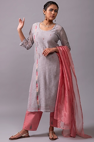Grey Embroidered A-Line Kurta Set by YATI