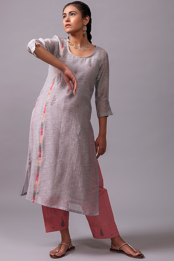Grey Embroidered A-Line Kurta Set by YATI at Pernia's Pop Up Shop