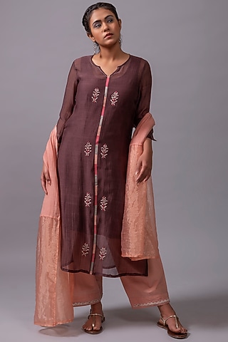 Chocolate Brown Embroidered A-Line Kurta Set by YATI