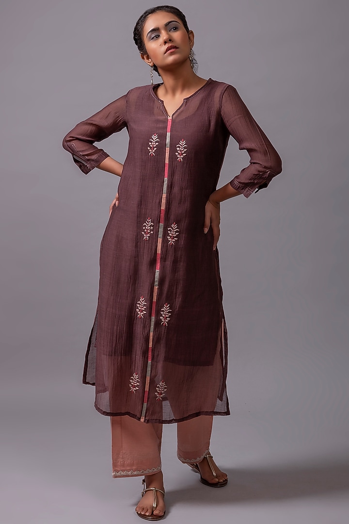 Chocolate Brown Embroidered A-Line Kurta Set by YATI at Pernia's Pop Up Shop