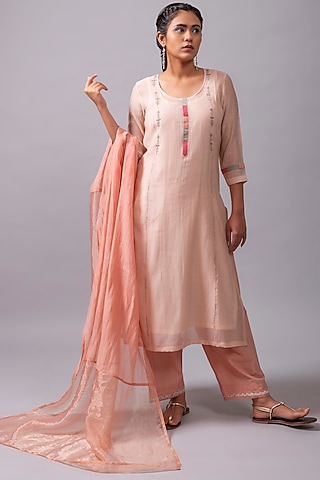 Peach Embroidered A-Line Kurta Set by YATI