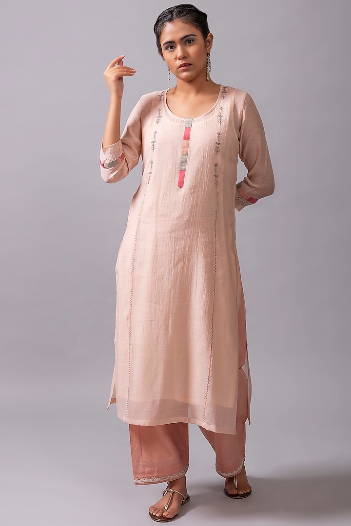 Peach Embroidered A-Line Kurta Set by YATI at Pernia's Pop Up Shop