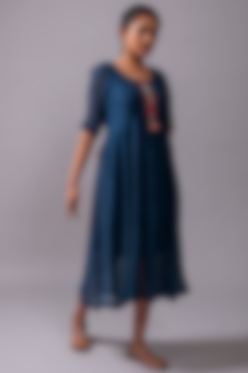 Navy Blue Embroidered Flared Dress by YATI