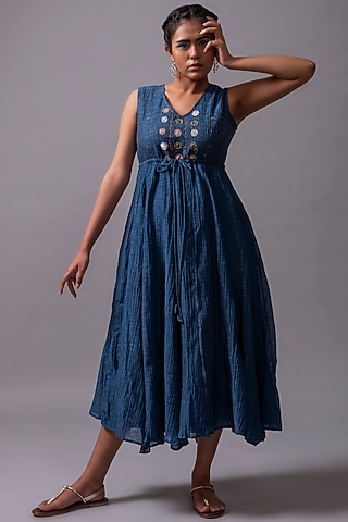 Navy Blue Zardosi Embroidered Flared Dress by YATI