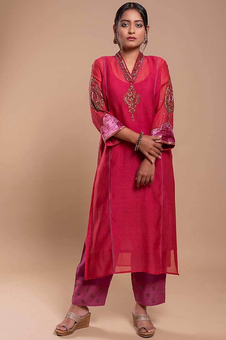 Bright Red Embroidered A-Line Kurta Set by YATI