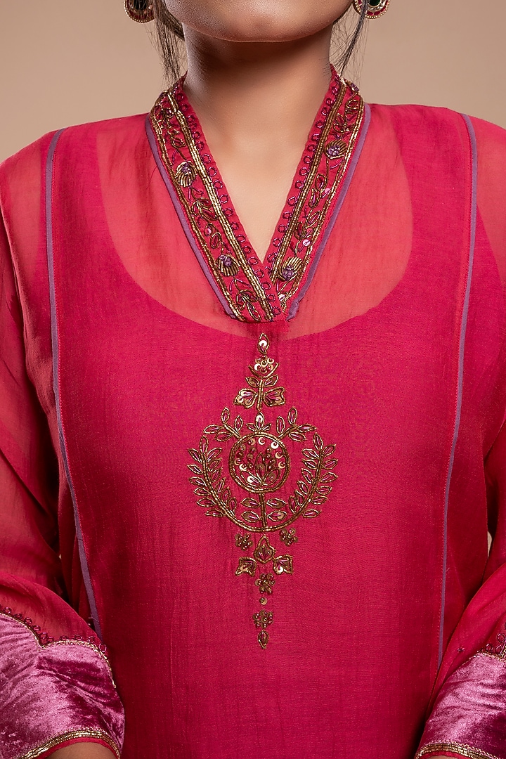 Bright Red Embroidered A-Line Kurta Set by YATI at Pernia's Pop Up Shop