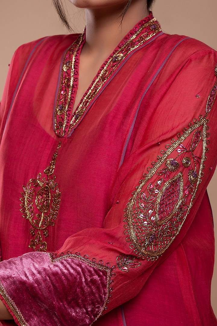 Bright Red Embroidered A-Line Kurta Set by YATI at Pernia's Pop Up Shop