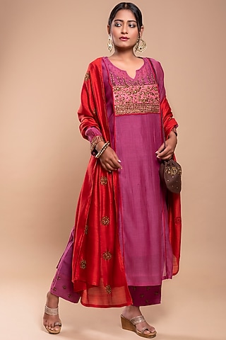 Purple Embroidered A-Line Kurta Set by YATI