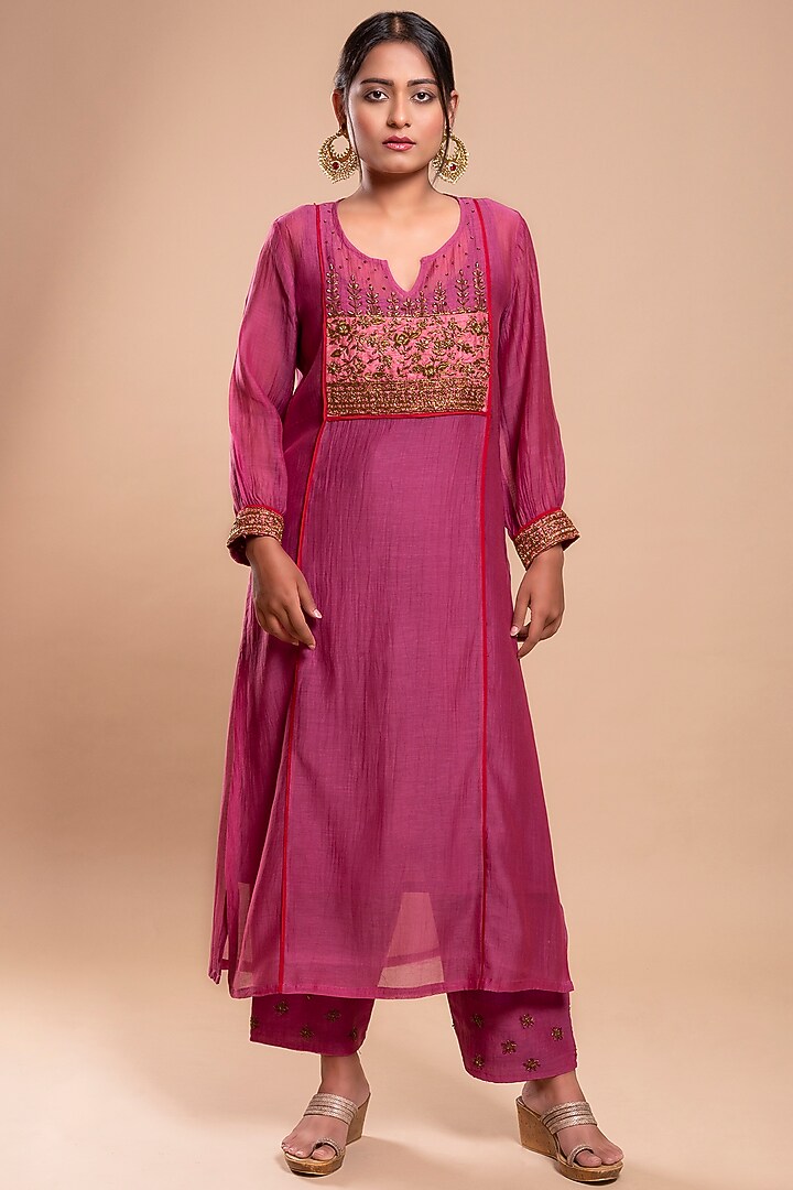 Purple Embroidered A-Line Kurta Set by YATI at Pernia's Pop Up Shop