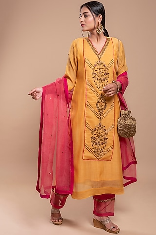 Dandelion Yellow Embroidered A-Line Kurta Set by YATI