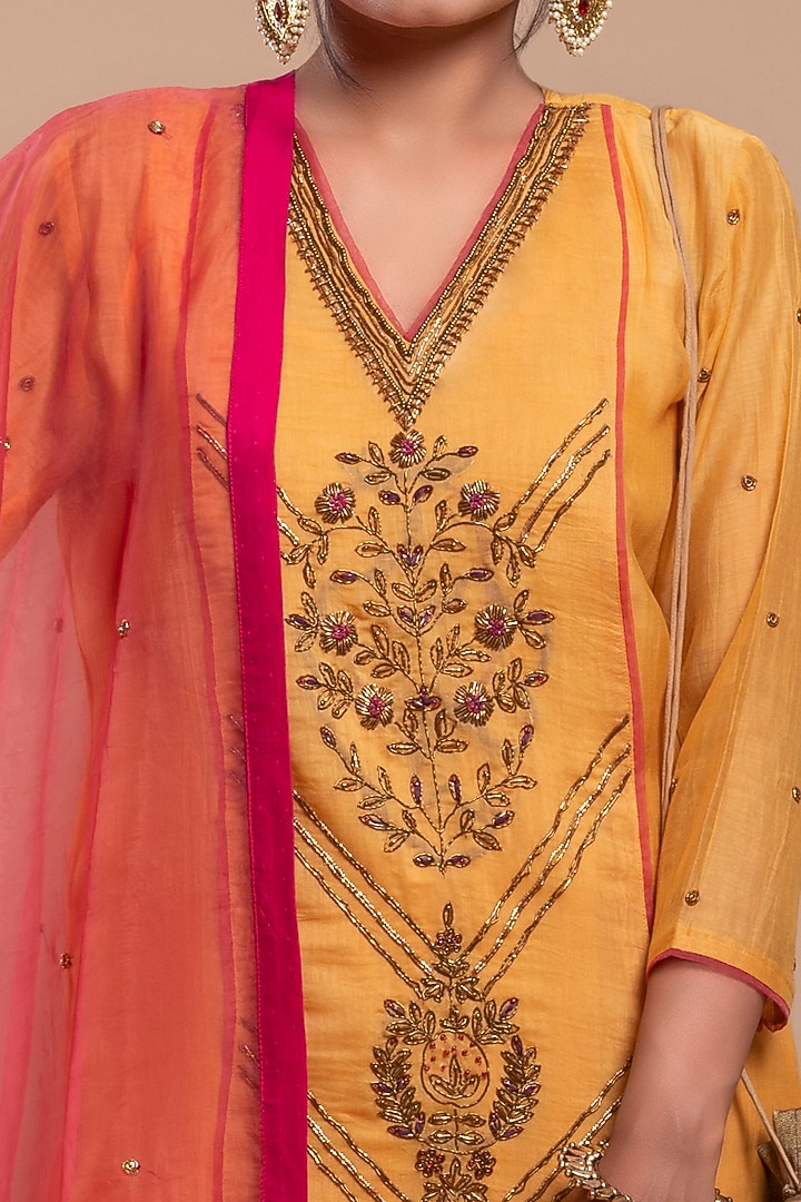 Dandelion Yellow Embroidered A-Line Kurta Set by YATI at Pernia's Pop Up Shop
