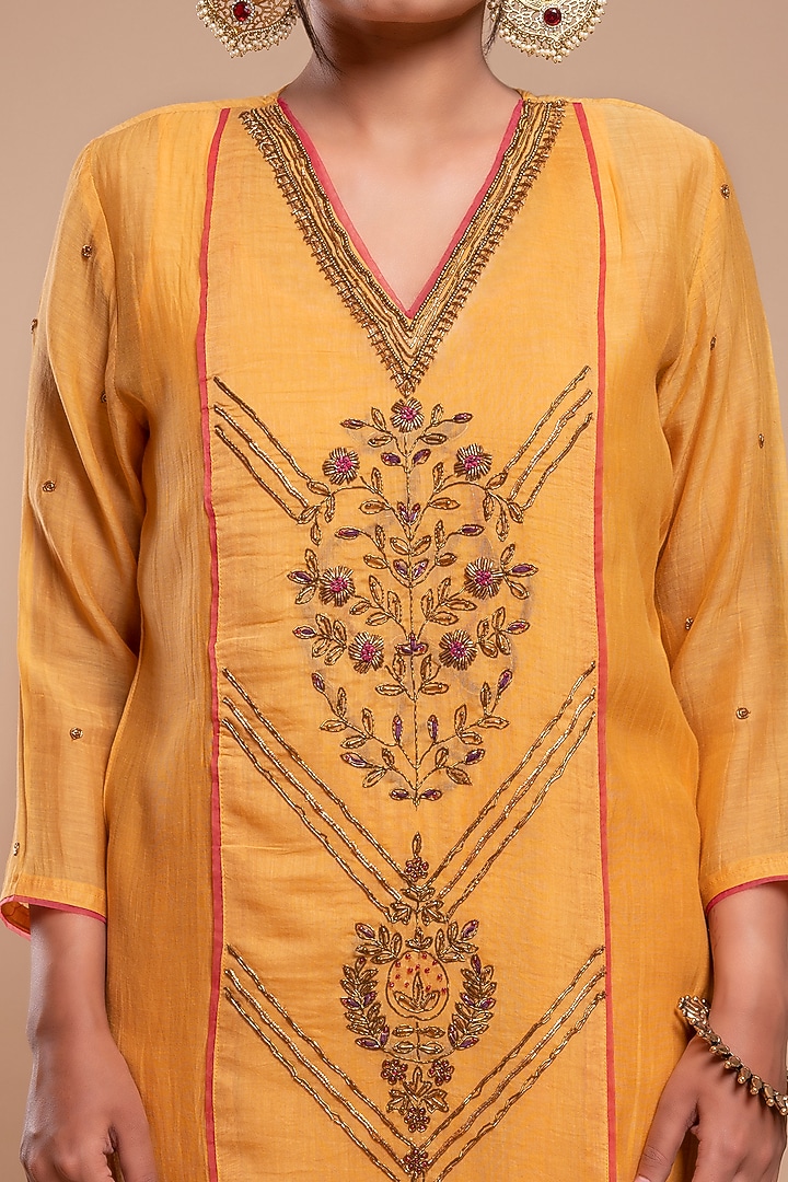 Dandelion Yellow Embroidered A-Line Kurta Set by YATI at Pernia's Pop Up Shop