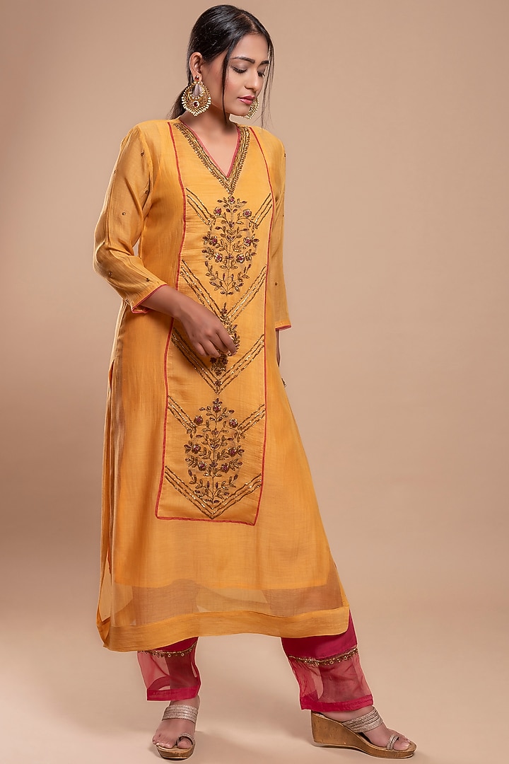 Dandelion Yellow Embroidered A-Line Kurta Set by YATI at Pernia's Pop Up Shop