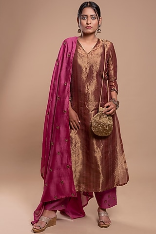 Burgundy Embroidered A-Line Kurta Set by YATI