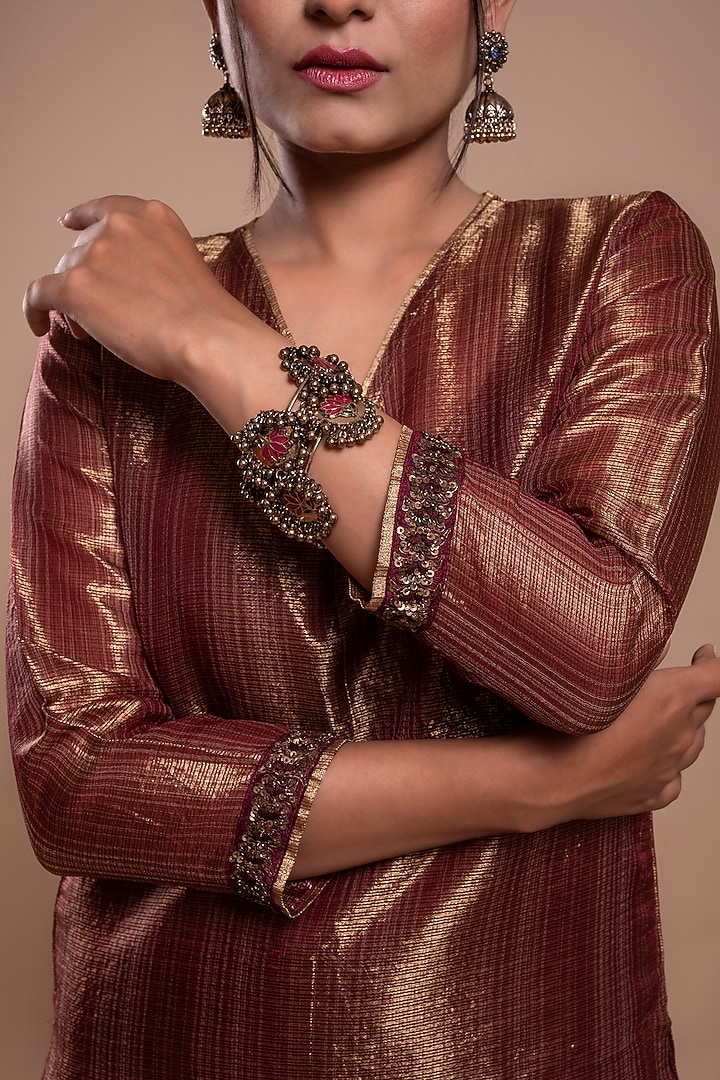 Burgundy Embroidered A-Line Kurta Set by YATI at Pernia's Pop Up Shop
