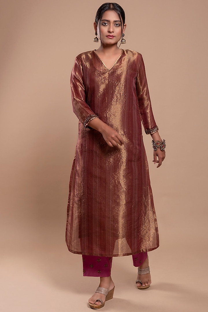 Burgundy Embroidered A-Line Kurta Set by YATI at Pernia's Pop Up Shop