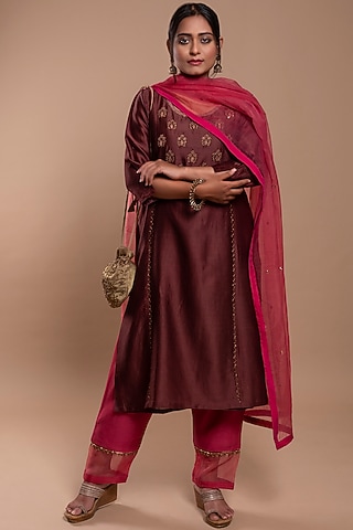 Dark Brown Embroidered A-Line Kurta Set by YATI