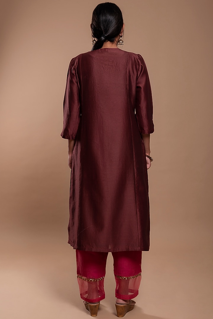Dark Brown Embroidered A-Line Kurta Set by YATI at Pernia's Pop Up Shop