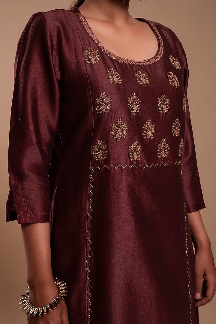 Dark Brown Embroidered A-Line Kurta Set by YATI at Pernia's Pop Up Shop