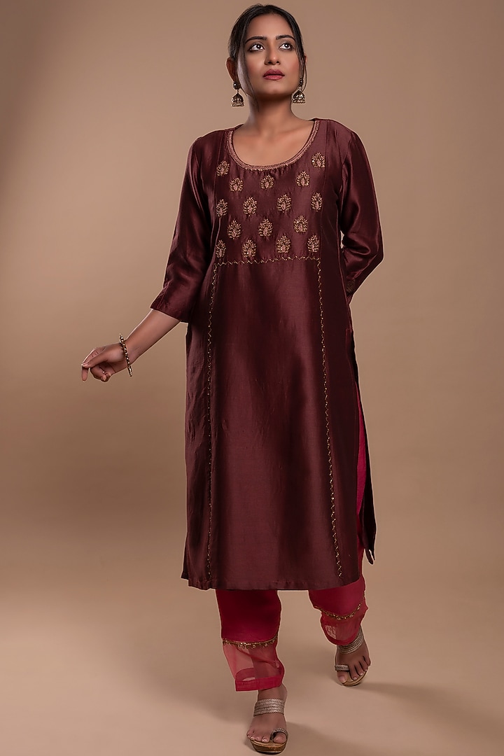 Dark Brown Embroidered A-Line Kurta Set by YATI at Pernia's Pop Up Shop
