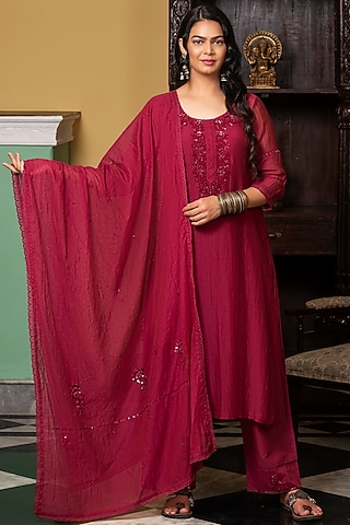 Wine Embroidered Kurta Set by YATI