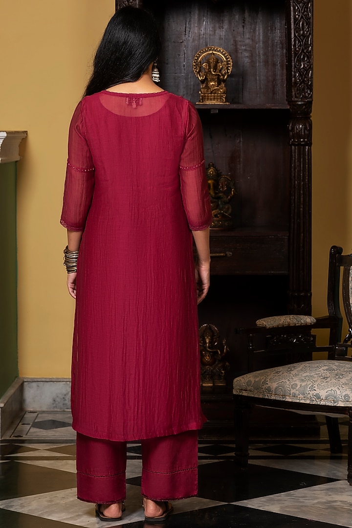Wine Embroidered Kurta Set by YATI at Pernia's Pop Up Shop