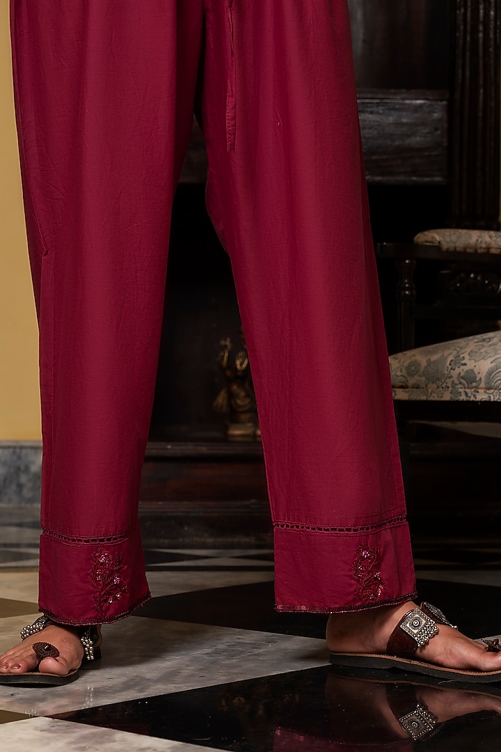 Wine Embroidered Kurta Set by YATI at Pernia's Pop Up Shop