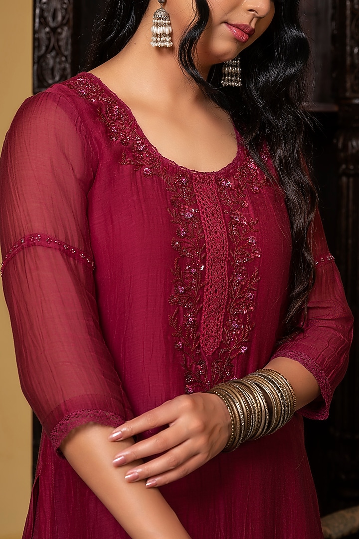 Wine Embroidered Kurta Set by YATI at Pernia's Pop Up Shop