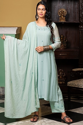 Sea Blue Embroidered Kurta Set by YATI