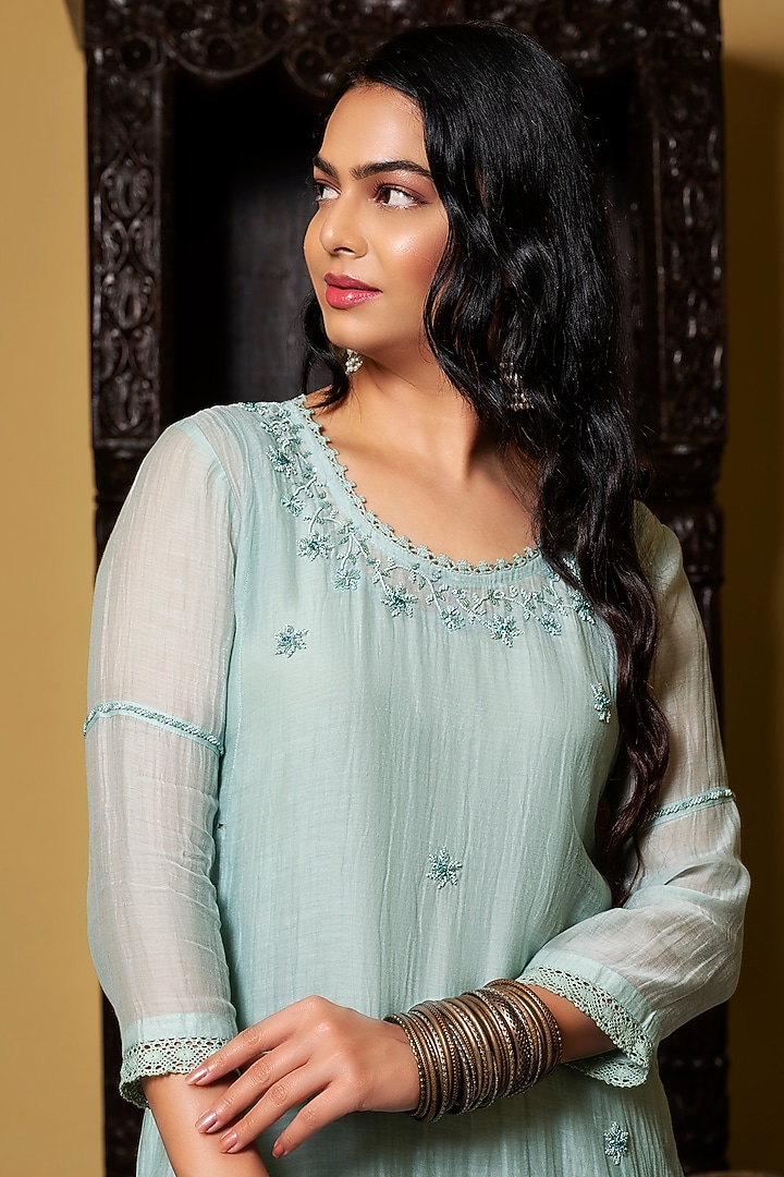 Sea Blue Embroidered Kurta Set by YATI at Pernia's Pop Up Shop