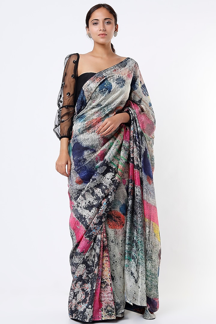 Multi-Colored Silk Printed Saree by YAVI