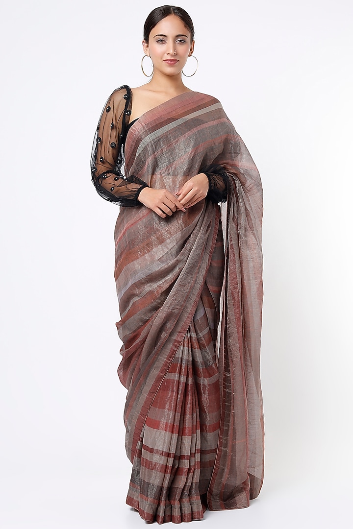 Brown Silk Striped Party Wear Saree by YAVI at Pernia's Pop Up Shop