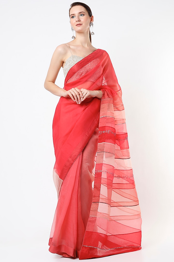 Bright Red Embroidered & Printed Saree by YAVI