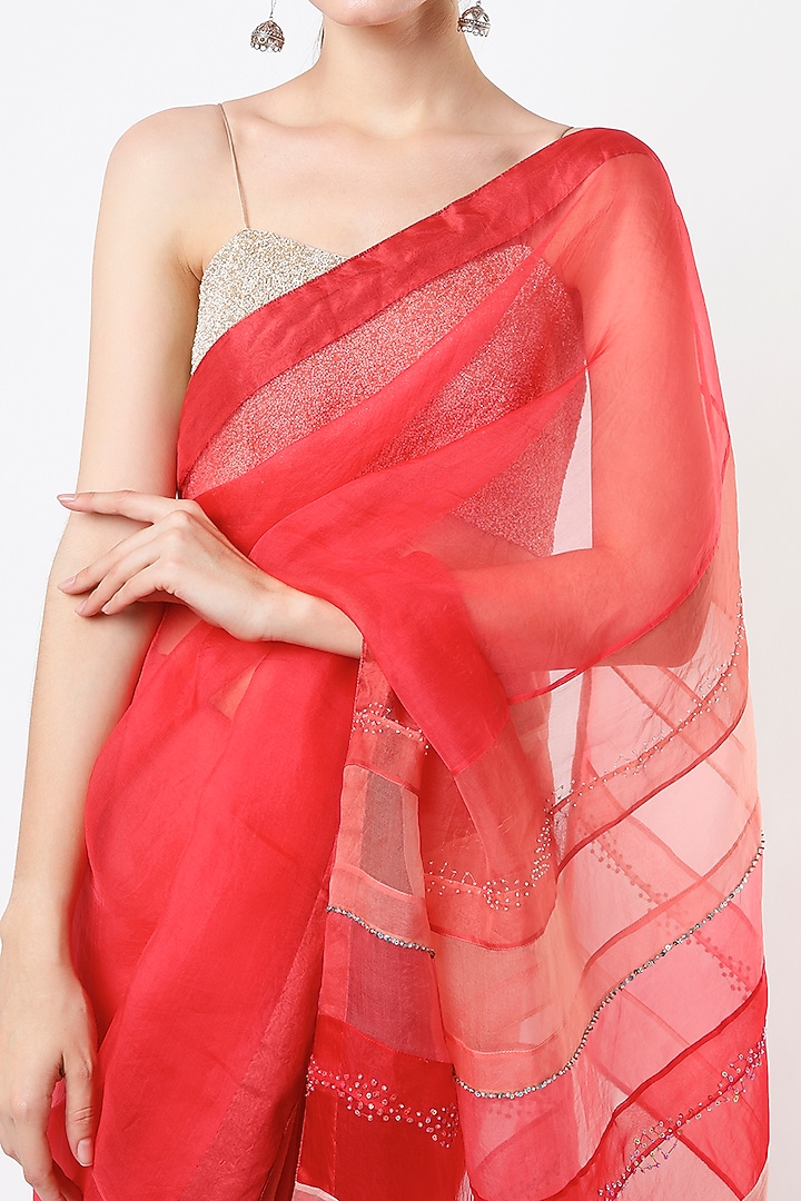 Bright Red Embroidered & Printed Wedding Saree by YAVI at Pernia's Pop Up Shop