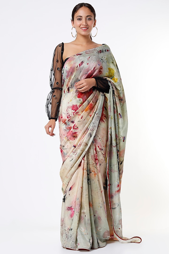 White Silk Printed Party Wear Saree by YAVI at Pernia's Pop Up Shop