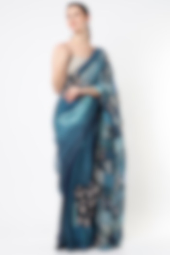 Cobalt Blue Embroidered & Printed Saree by YAVI