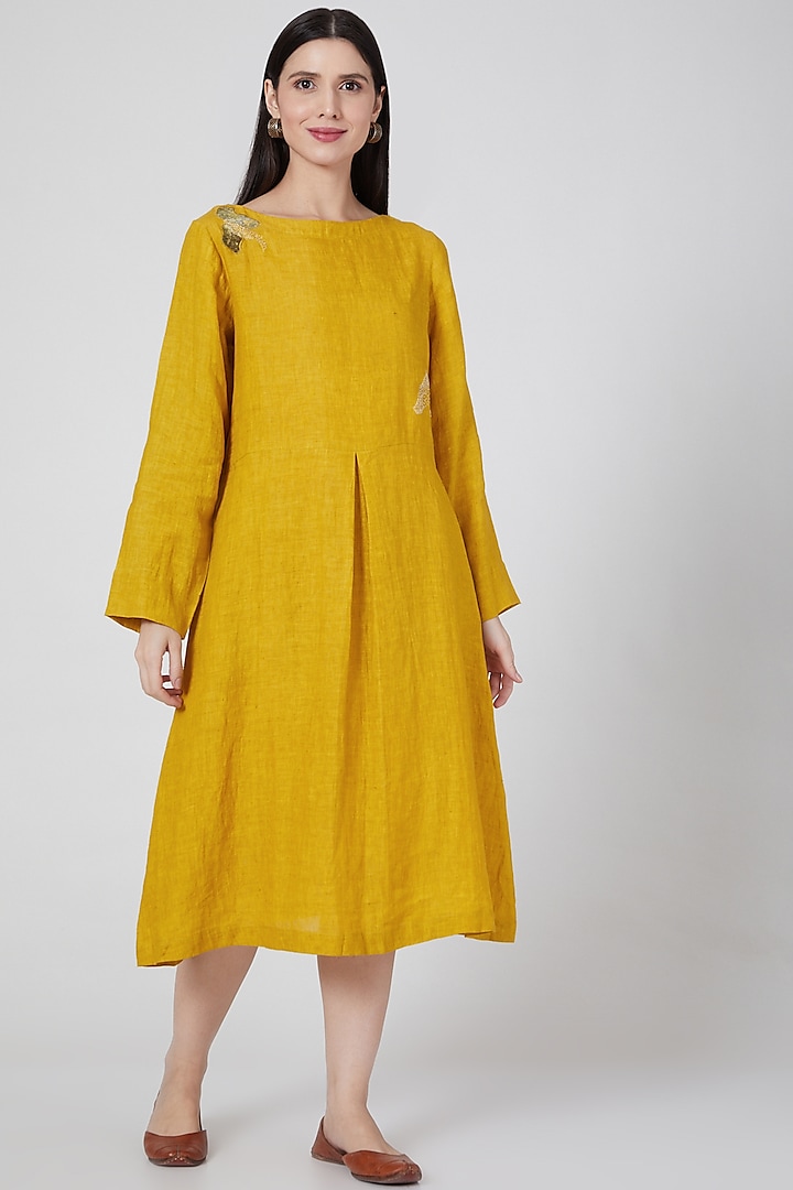 Mustard Embroidered Dress by YAVI