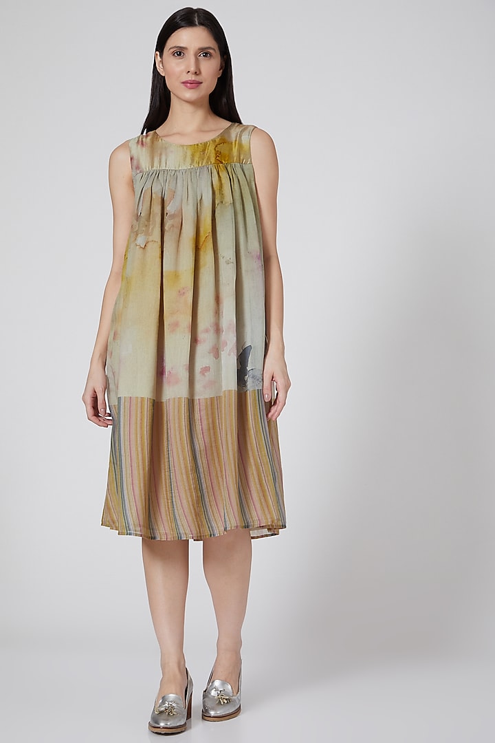 Yellow Digital Printed Sleeveless Ombre Dress by YAVI