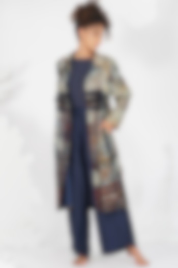 Brown-Grey Digital Printed Overcoat by YAVI