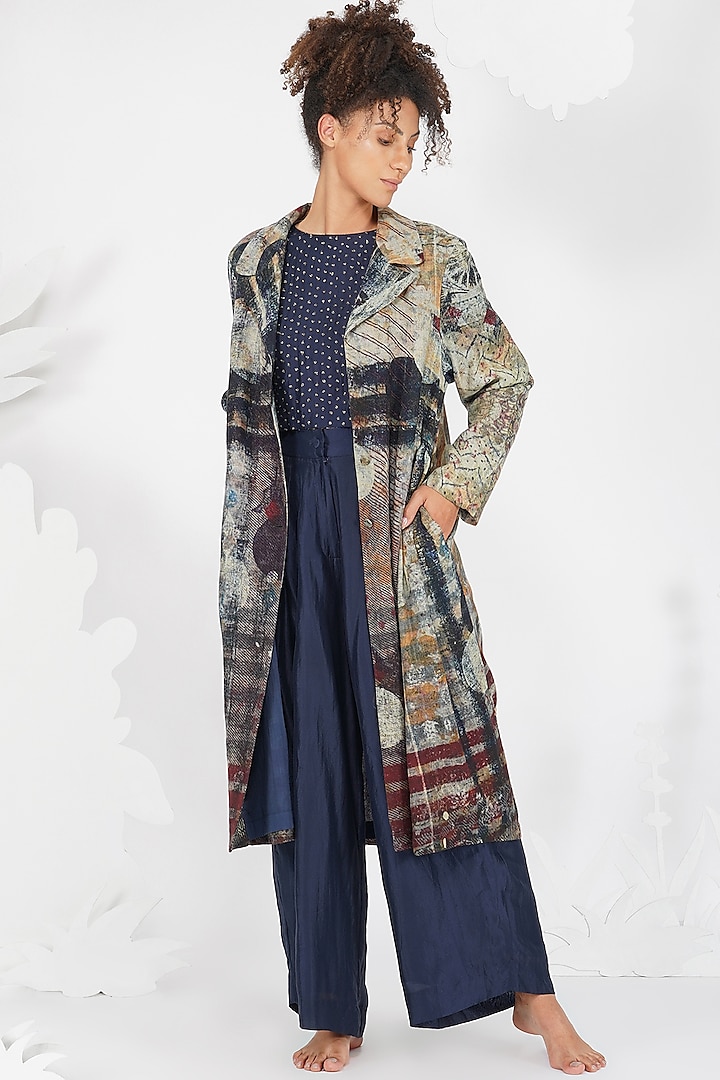 Brown-Grey Digital Printed Overcoat by YAVI