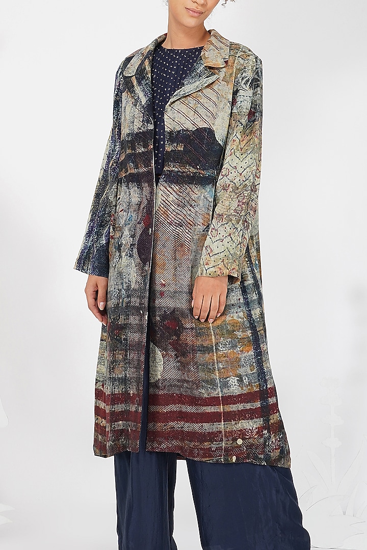 Brown-Grey Digital Printed Overcoat by YAVI at Pernia's Pop Up Shop
