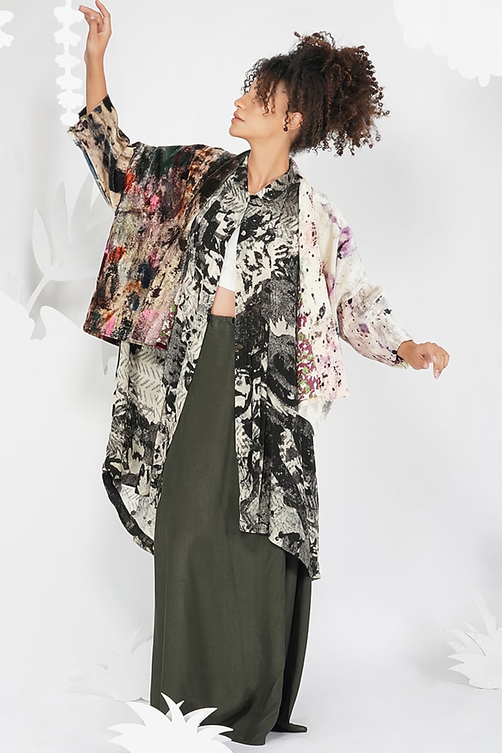 Brown-Grey Jacket With Digital Print by YAVI at Pernia's Pop Up Shop