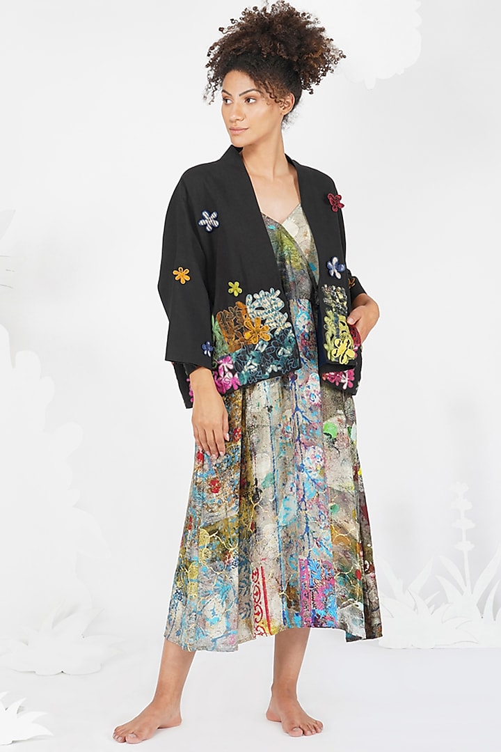 Black Embroidered & Floral Printed Jacket by YAVI
