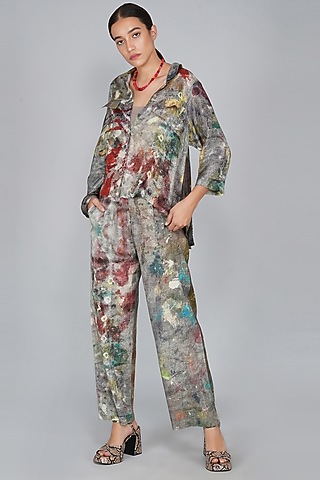 Grey Cotton Printed Pants by YAVI